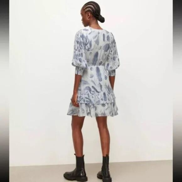 EUC AllSaints Ari Oceano Seashell Print Chiffon Wrap Dress Size 6 Blue & White - Picture 4 of 8